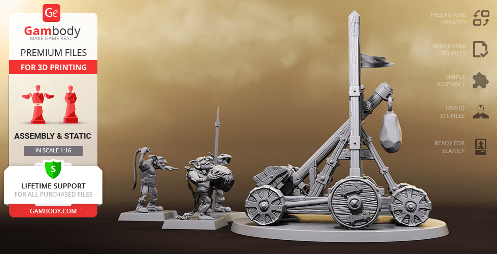 A detailed 3D-printed model of a medieval-style catapult with greenskin figures beside it.