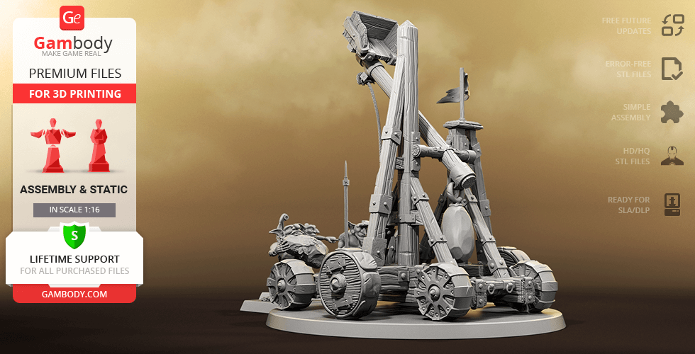 A detailed 3D-printed model of a fantasy Greenskins catapult, featuring wheels and armor details.
