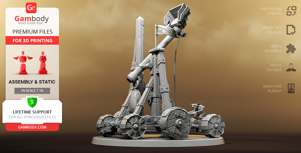 A detailed 3D model of a fantasy catapult with intricate wheels and a small figure on a base.
