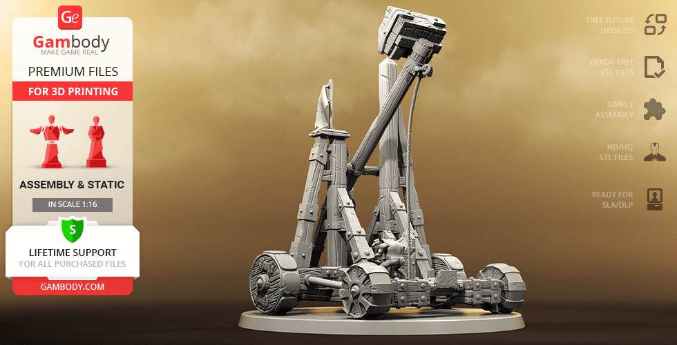 A detailed 3D model of a medieval-style catapult with spiked wheels and complex mechanics.