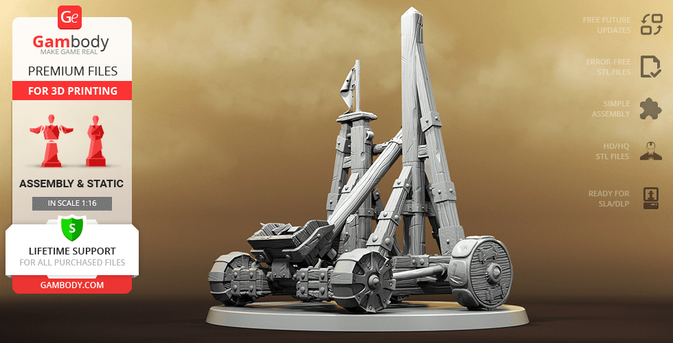 A detailed 3D model of a medieval-style catapult for 3D printing, featuring wooden textures and large wheels.