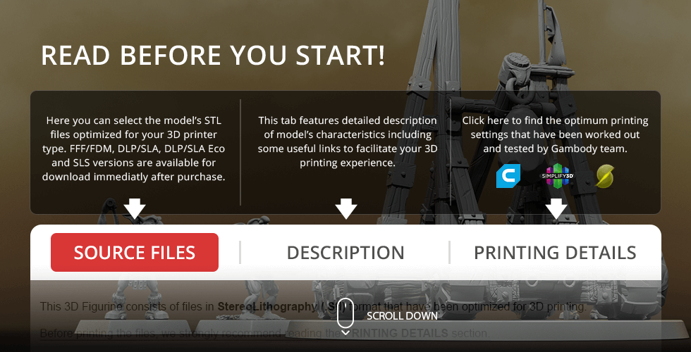 3D printing instructions for Greenskins Catapult model, featuring source files, descriptions, and printing details.