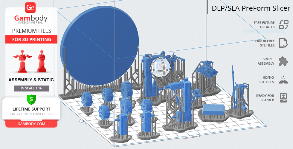 3D model of a Greenskins catapult with components arranged for printing on a DLP/SLA printer.