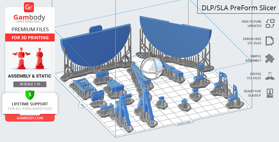 3D-print model layout of a catapult, with segmented blue parts on a grid, ready for assembly.