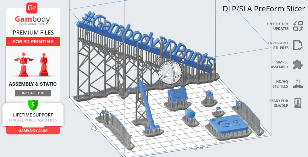 3D model of a Greenskins catapult setup on a printing grid with supports for 3D printing.