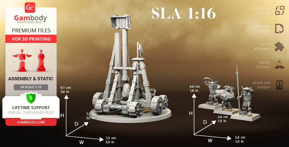 A detailed 3D model of a catapult with three armored figurines, designed for 3D printing at a 1:16 scale.