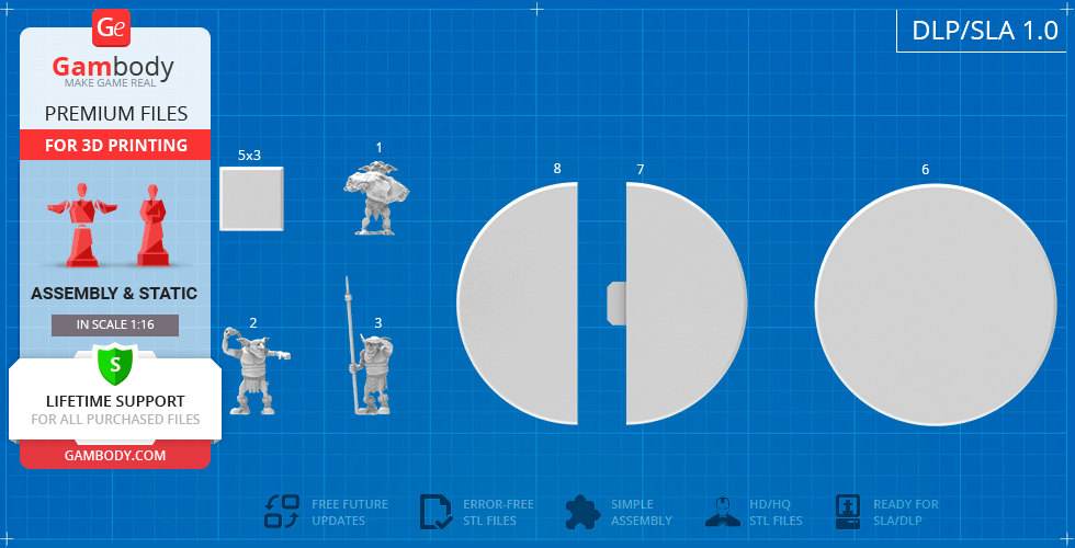 Blueprint for 3D printing a Greenskins catapult, featuring miniature warrior figurines and round components.