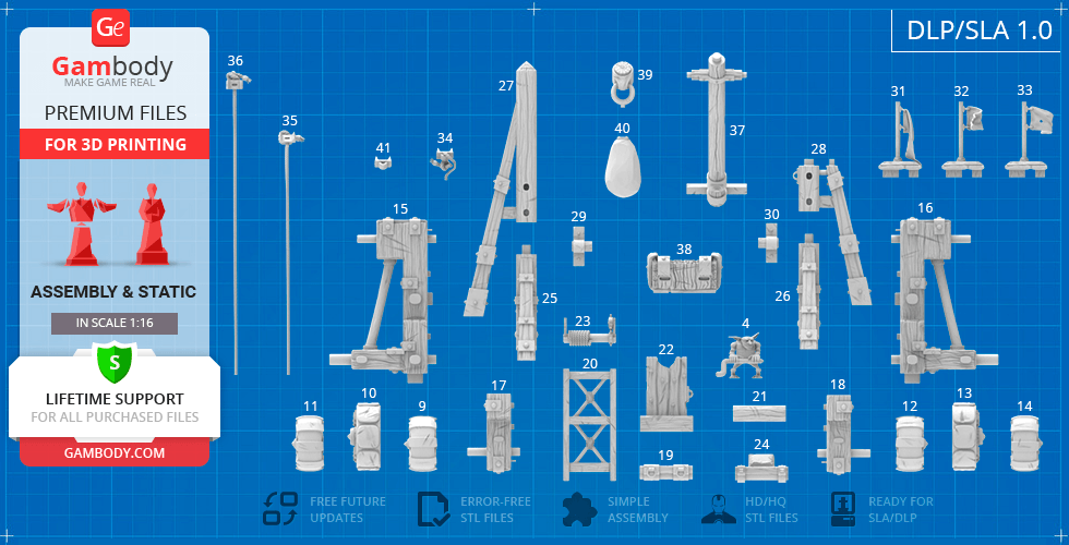 3D model components of a Greenskins Catapult, labeled and arranged on a blueprint-style background.