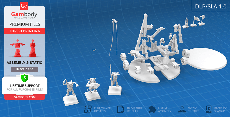 3D model pieces of a Greenskins Catapult set for printing, displayed on a blue grid surface.