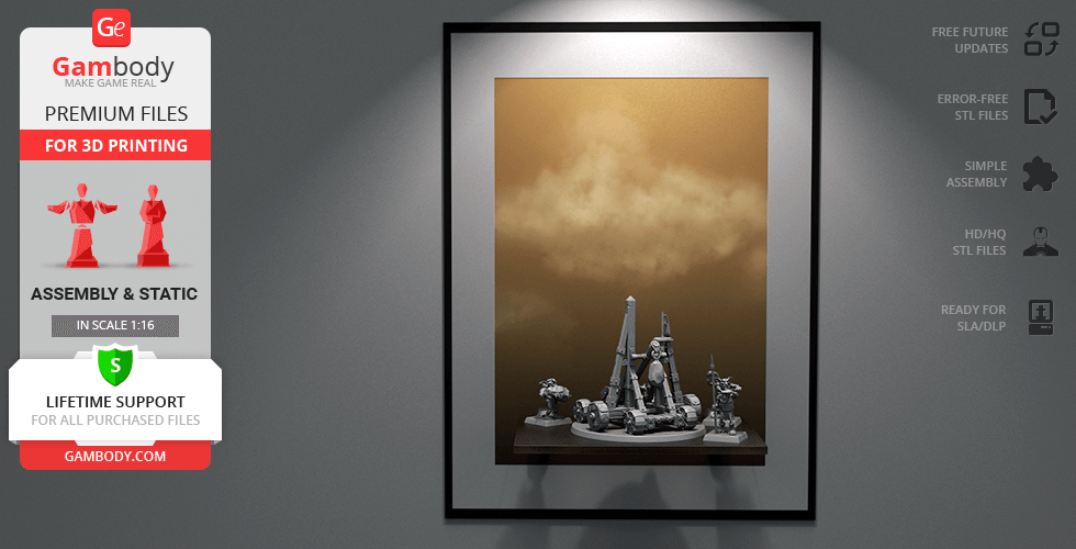 3D model of a detailed Greenskins catapult with accompanying figures, set against a gradient background.