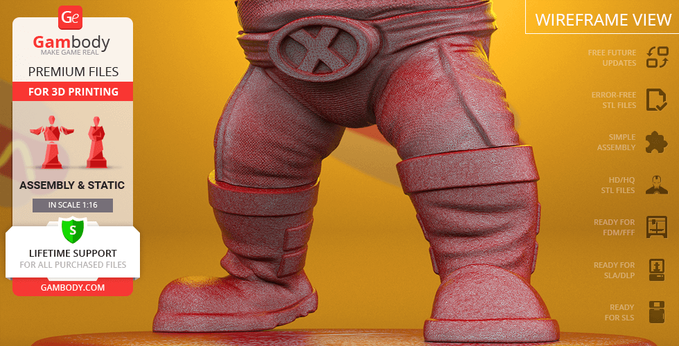 A 3D model of a stocky character with large boots and an 'X' belt, suited for 3D printing assembly.
