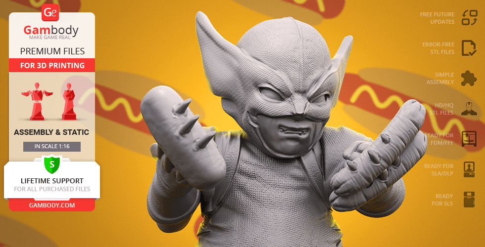 Chubby Wolverine 3D model with claws extended, against a background with hotdog graphics.