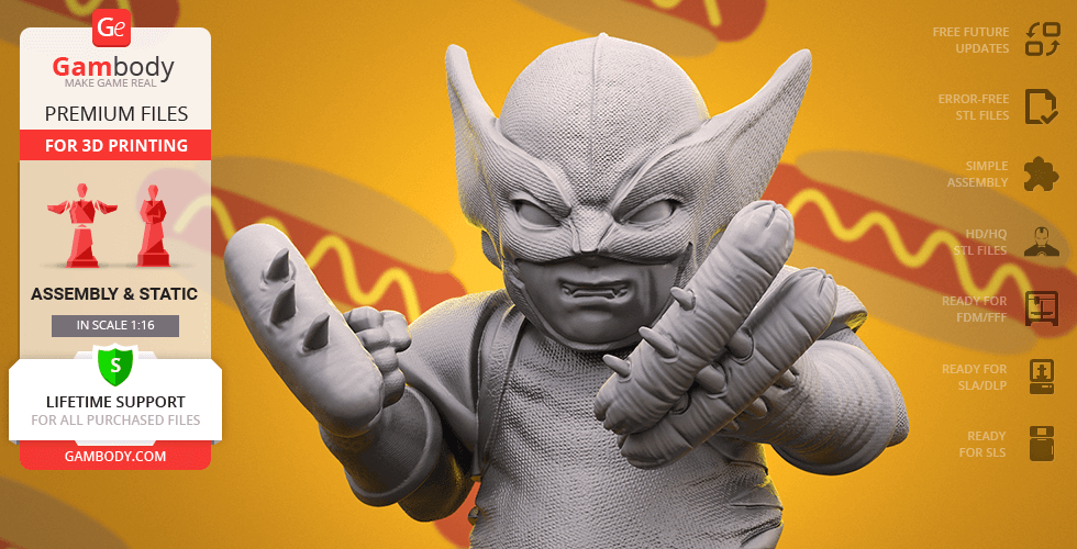 A chubby figure with sharp claws, wearing a superhero costume, ready for 3D printing.