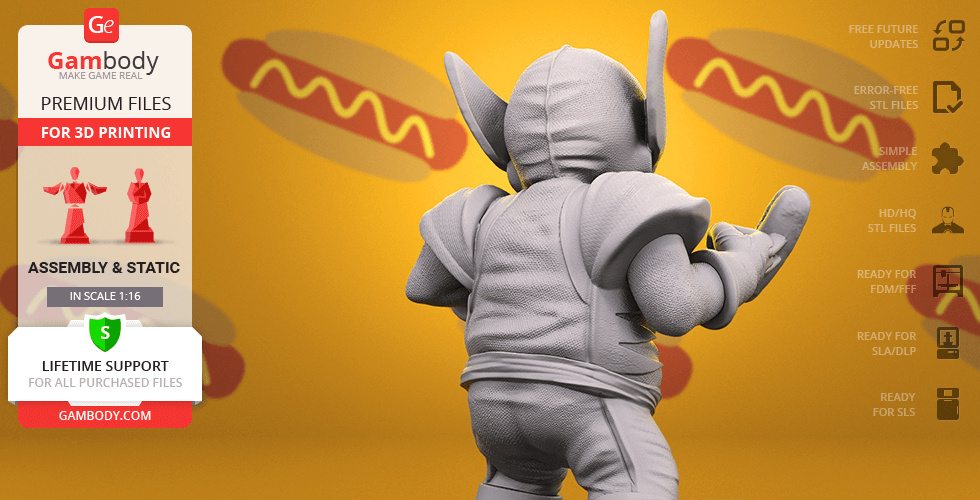 Chubby Wolverine figurine in costume, arms up, against a yellow background with hot dog illustrations.