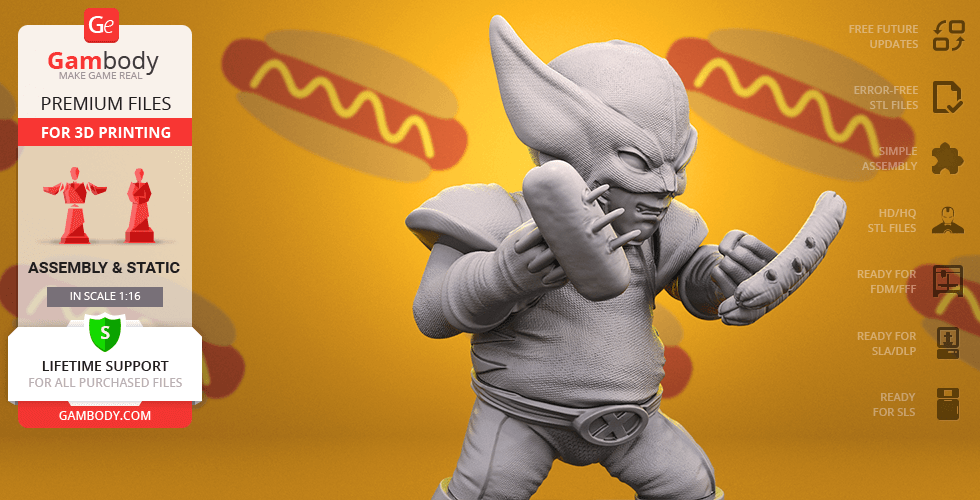 Chubby Wolverine 3D model in a dynamic pose, with a yellow background featuring hot dog illustrations.