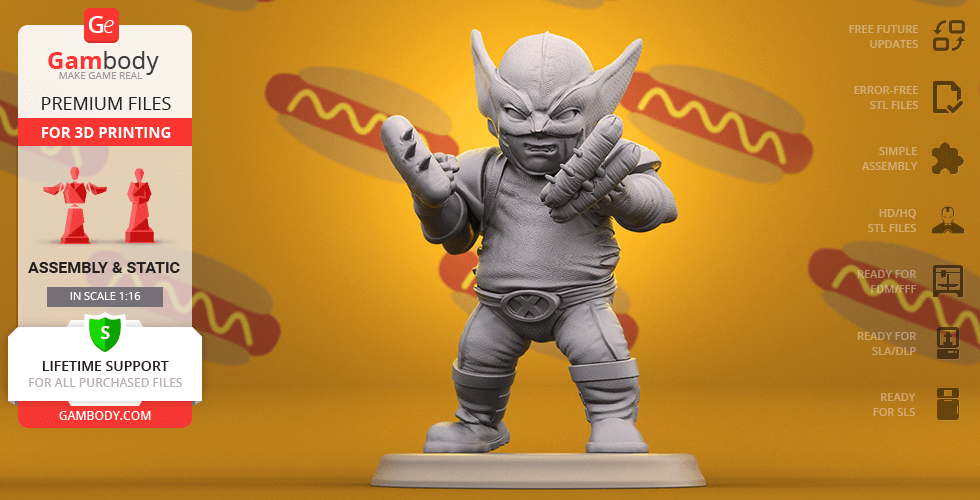 A stylized chubby Wolverine 3D print model, posed with claws extended, on a yellow hotdog-themed background.