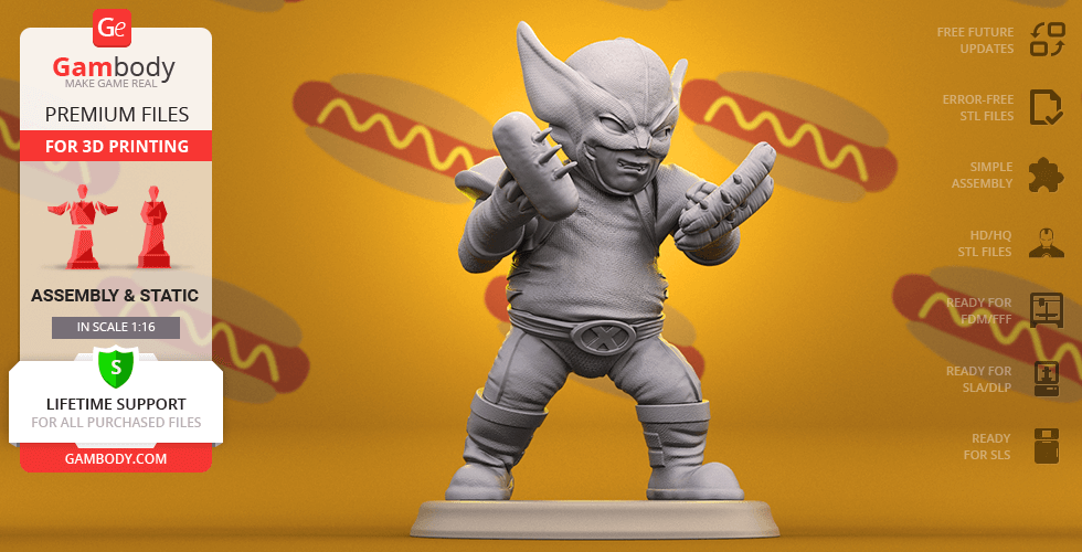 Chubby, stylized Wolverine figure in a dynamic pose, ready for 3D printing with hot dog graphics in the background.