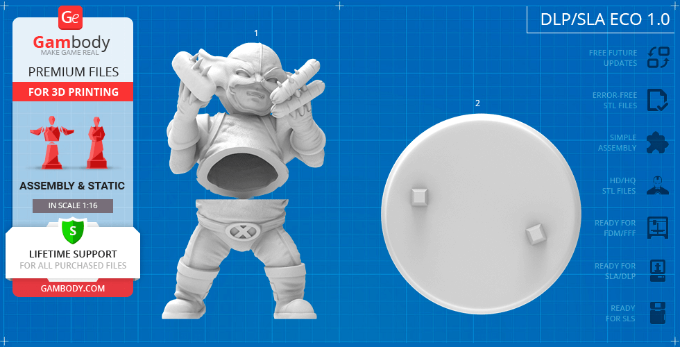 Chubby Wolverine 3D print model with assembly parts on a grid background.
