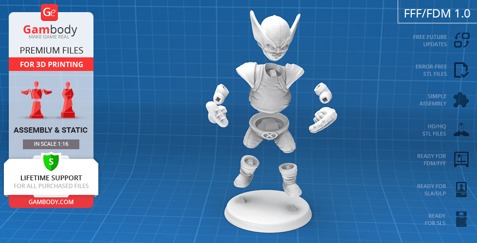 3D model of a chubby superhero, shown in parts for assembly, on a blue grid background.