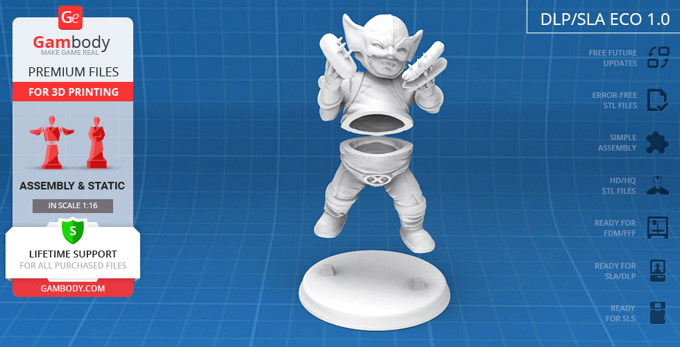 Chubby Wolverine 3D model, shown in assembly parts, ready for printing on a Gambody platform.