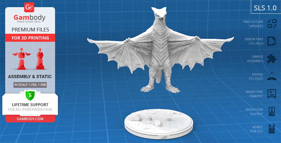 A 3D printed model of Gyaos, a winged creature with outstretched wings standing on a decorative base.