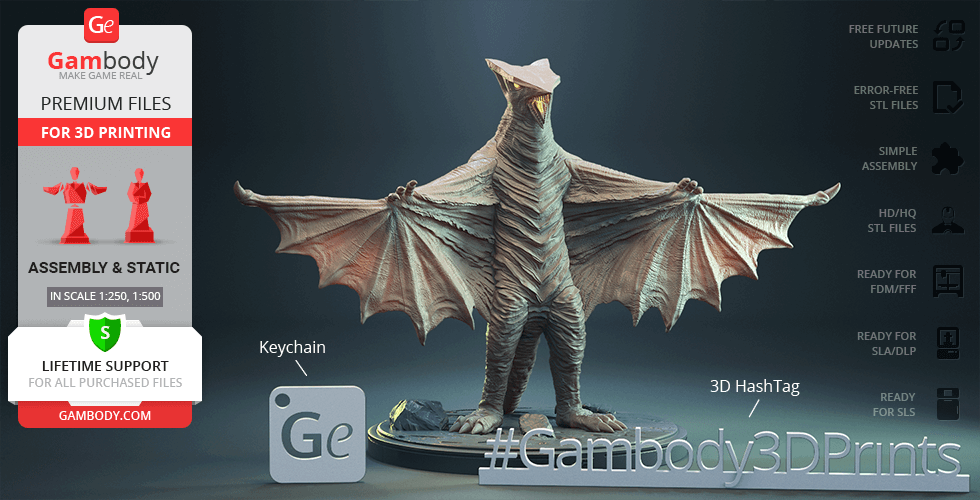 A 3D model of Gyaos, a winged creature standing on a circular base, ready for 3D printing.