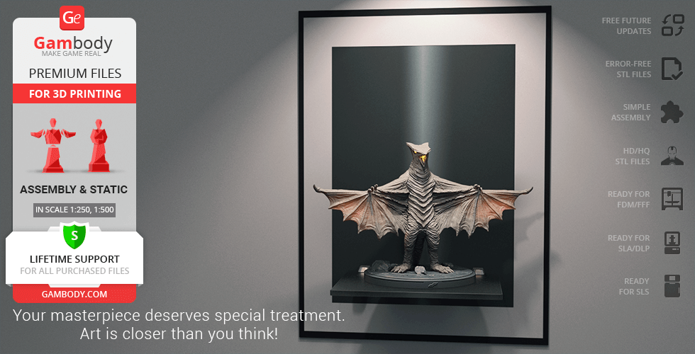 A 3D model of Gyaos with outstretched wings displayed in a framed case.