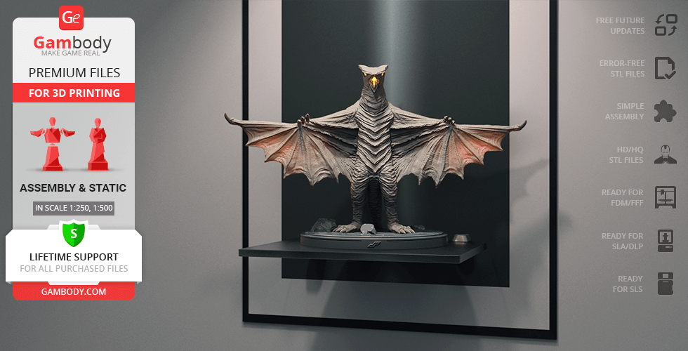 Winged creature model with a menacing pose, detailed skin texture, and spread wings for 3D printing.