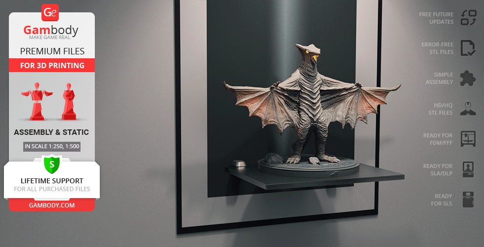 3D model of Gyaos, a bat-like monster with outstretched wings, placed on a display shelf.