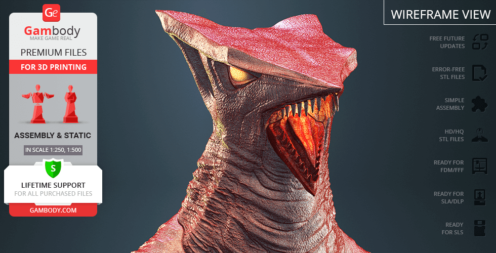 A 3D model of Gyaos, a reptilian creature with sharp teeth, textured skin, and a wide, open mouth.