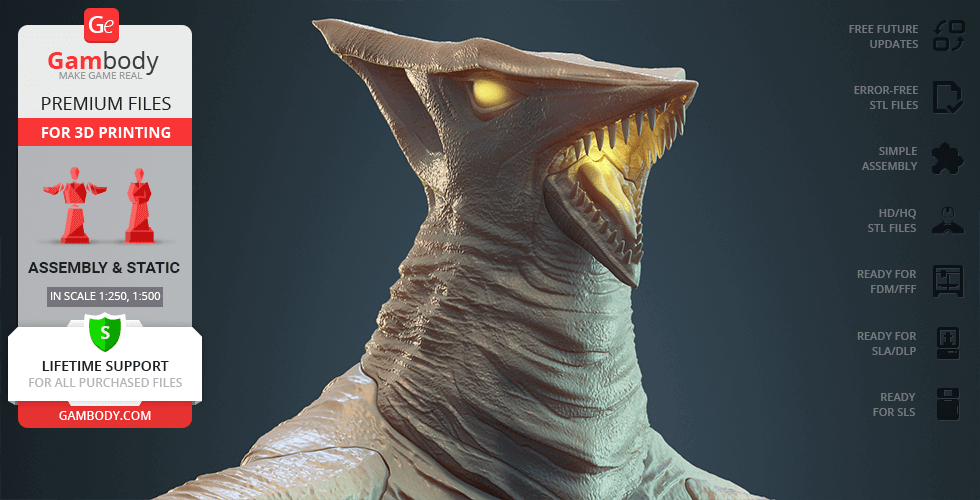 A detailed 3D model of a creature with large jaws and glowing eyes, ready for printing.