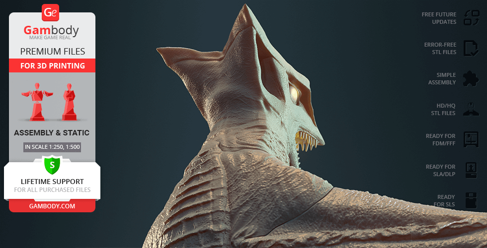 3D model of Gyaos creature; detailed texture, sharp teeth, and bat-like ears, ready for printing.