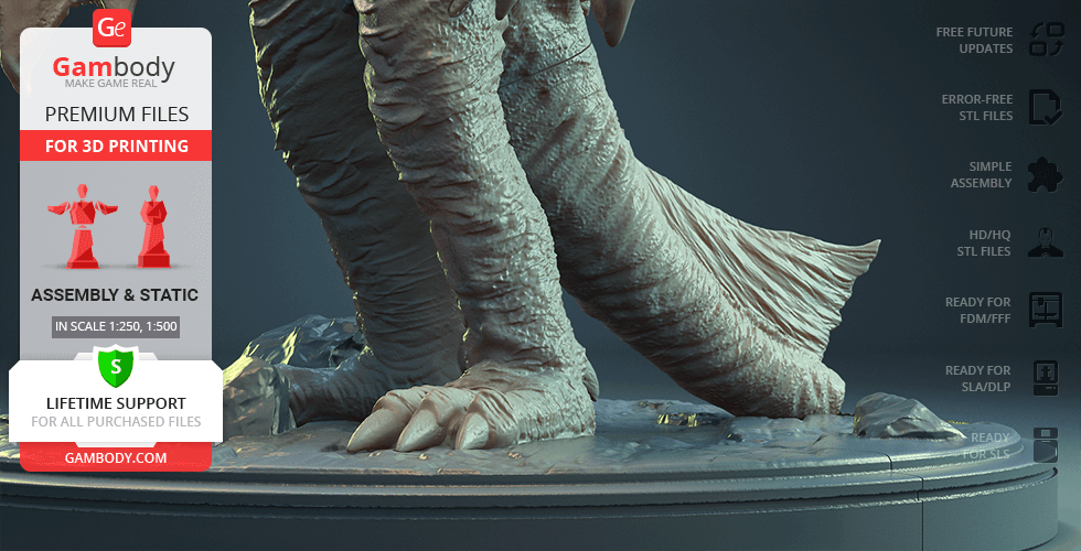 Close-up of a detailed 3D-printed model of Gyaos' feet on a display base.