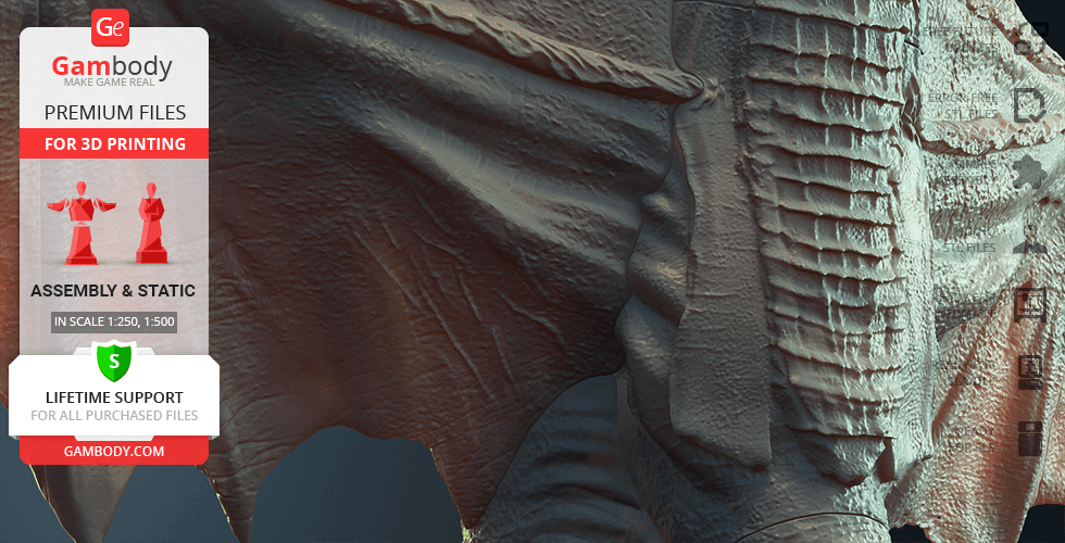 A close-up of a detailed, textured 3D model of a creature's wing for 3D printing, marked with Gambody branding.