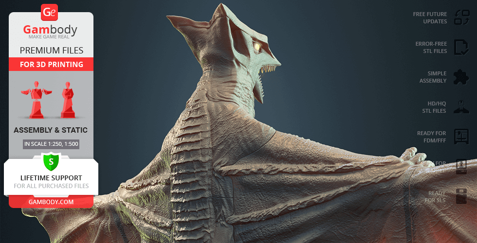 A detailed 3D model of Gyaos, a winged creature, ready for 3D printing with assembly instructions displayed.