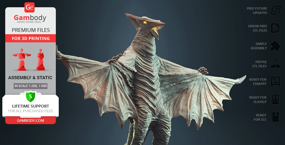 A winged, bat-like creature model with a menacing stance, designed for 3D printing.