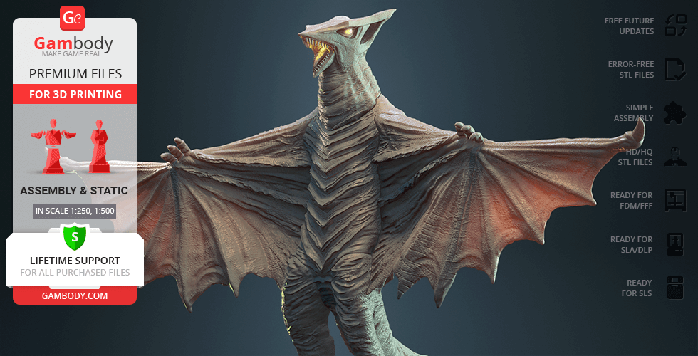 A 3D model of Gyaos, a bat-like creature with outstretched wings, suitable for 3D printing.