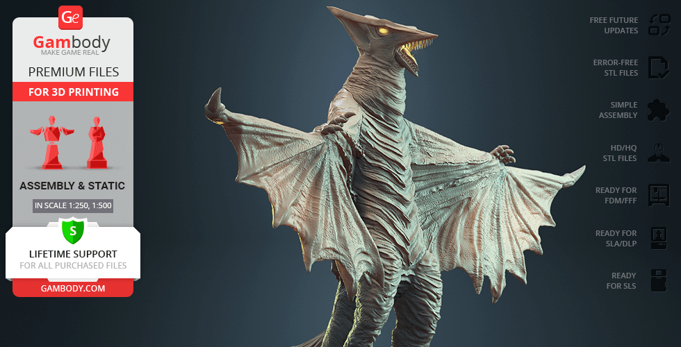 A detailed 3D model of Gyaos, a winged creature with sharp features and outstretched wings, ready for printing.