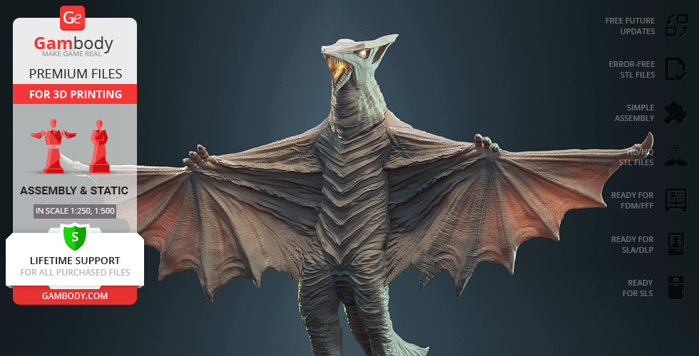 A 3D model of Gyaos, a dragon-like creature with large wings, textured skin, and an open mouth.