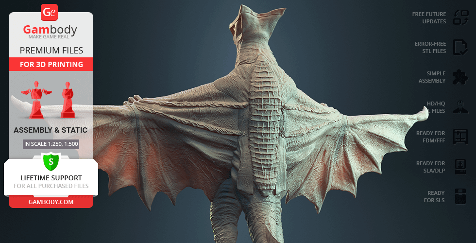 A Gyaos creature 3D model with outstretched wings, textured for printing, shown from the back.