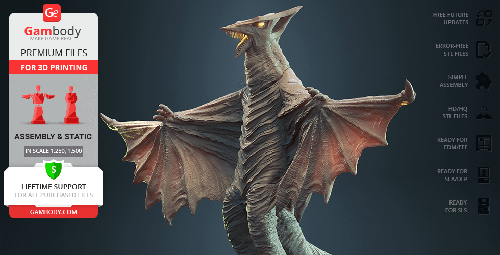 A detailed 3D model of Gyaos, a winged creature with a reptilian appearance, suitable for 3D printing.