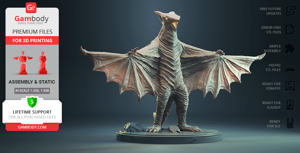 A detailed 3D model of Gyaos, a bat-like creature standing with its wings spread on a circular base.