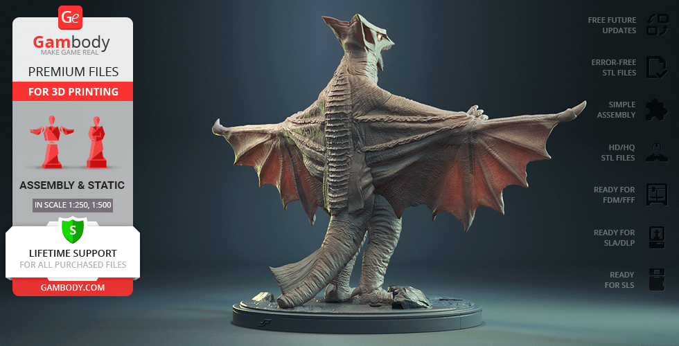 A detailed 3D model of Gyaos with outstretched wings, designed for 3D printing on a circular base.