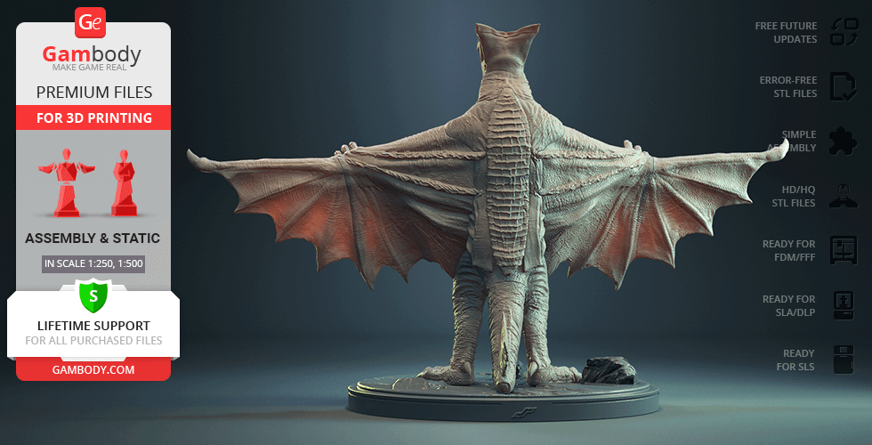 A detailed 3D model of a creature with large, bat-like wings and a tail, designed for 3D printing.