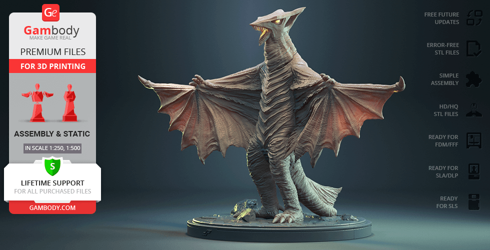 A detailed 3D model of Gyaos, a winged creature, designed for 3D printing.