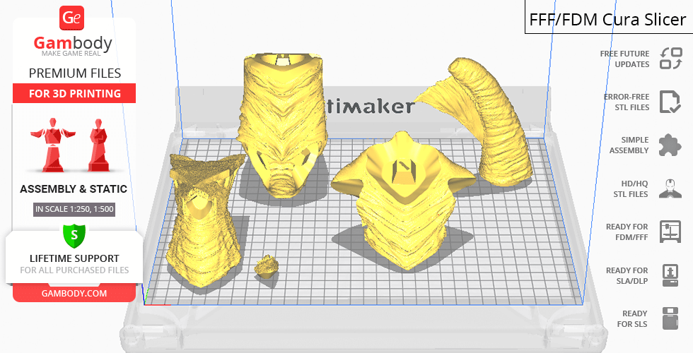 Four disassembled 3D-printable parts of Gyaos from Gambody, displayed on a printing platform.
