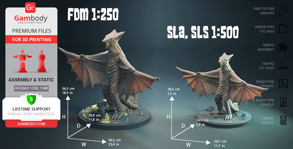 Two 3D printed models of a dragon-like creature with wings displayed at different scales.