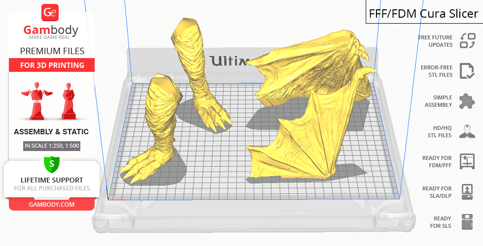 Yellow 3D model parts of Gyaos: claws and wings, displayed on 3D printing software screen.