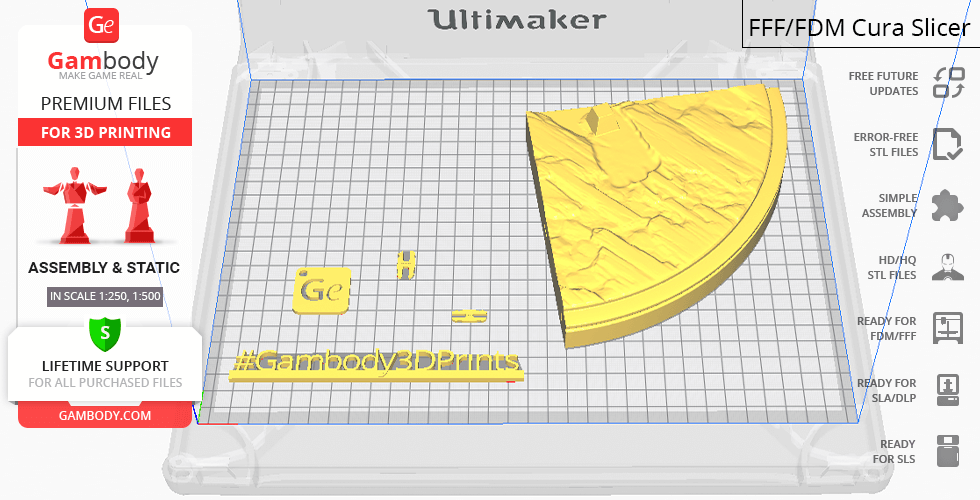 3D printing model preview featuring a sliced part of Gyaos, Gambody branding, and text on a grid.