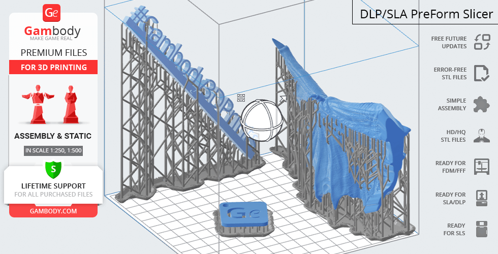 3D printing model of Gyaos with support structures and branding elements from Gambody.